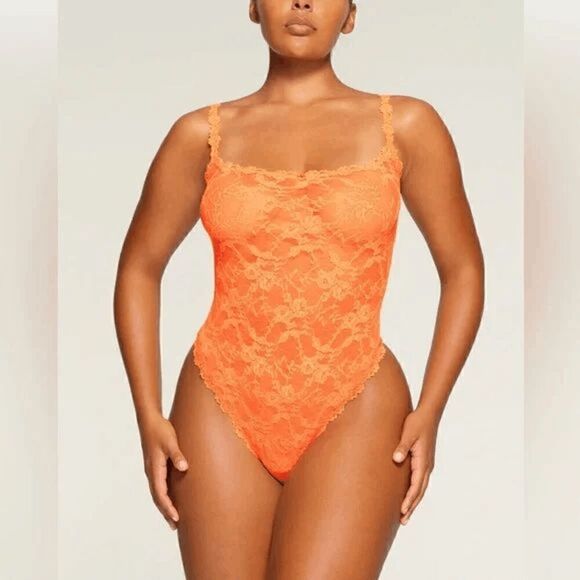 SKIMS Neon Bright Orange Stretch Lace Sheer Bodysuit 4X NWT - Picture 7 of 9